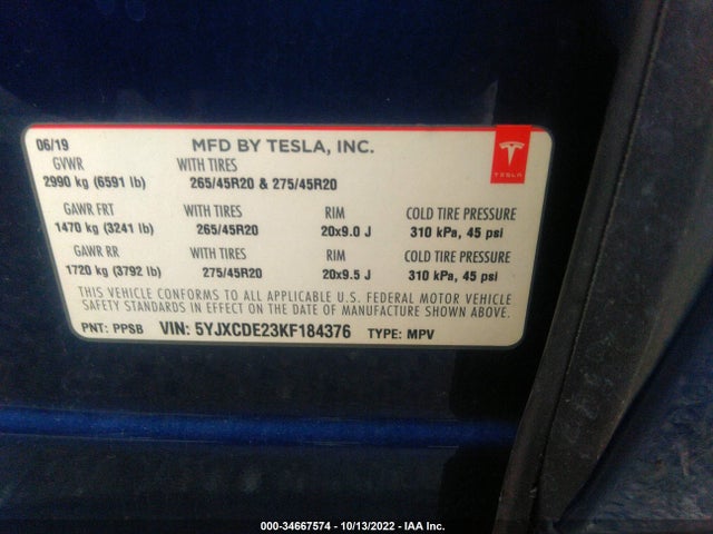 2019 Tesla Model X, VIN: 5YJXCDE23KF184376
