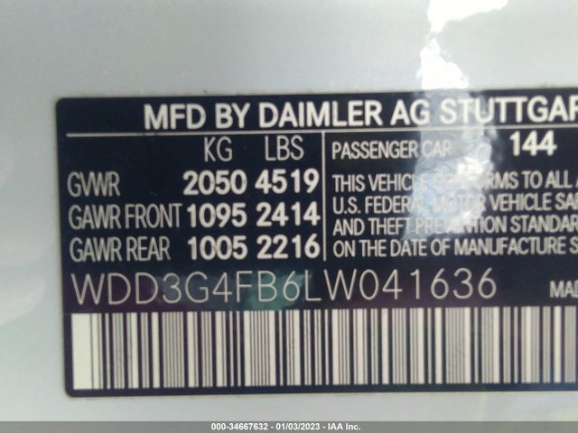 2020 Mercedes-Benz A-Class, VIN: WDD3G4FB6LW041636