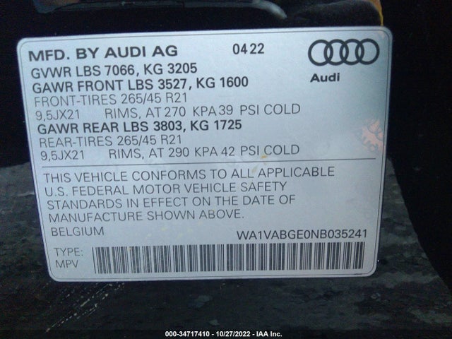 2022 Audi e-tron, VIN: WA1VABGE0NB035241