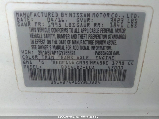 2016 NISSAN SENTRA SV VIN: 3N1AB7AP1GY265824