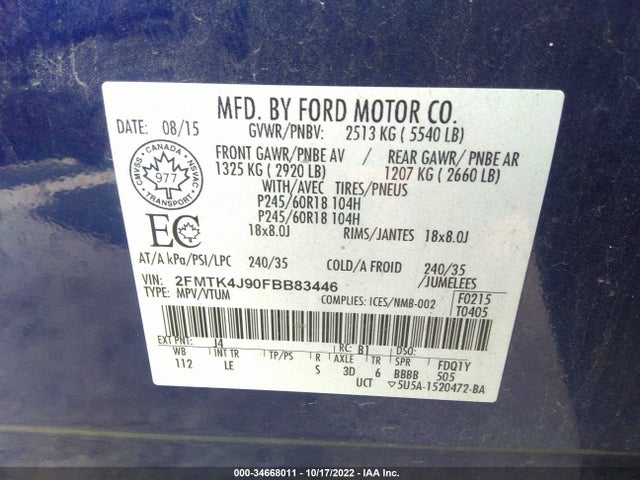 2015 Ford Edge, VIN: 2FMTK4J90FBB83446