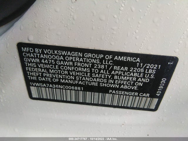 2022 Volkswagen Passat, VIN: 1VWSA7A36NC006881