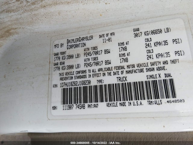 Dodge RAM 1500 2002 1D7HU18Z62J168230 Image 10
