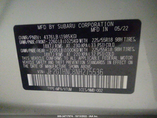 2022 Subaru Crosstrek, VIN: JF2GTHNC8NH275536