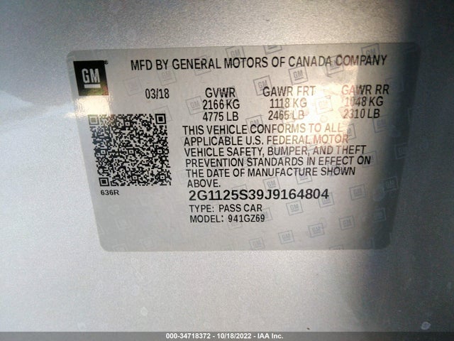 2018 Chevrolet Impala, VIN: 2G1125S39J9164804