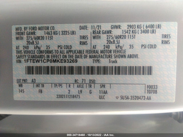 2021 FORD F-150 XL/XLT/LARIAT VIN: 1FTEW1CP0MKE93269