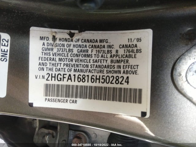 2006 Honda Civic Sdn Ex მანქანა იყიდება აუქციონზე, vin: 2HGFA16816H502824, აუქციონის ნომერი: 34718555
