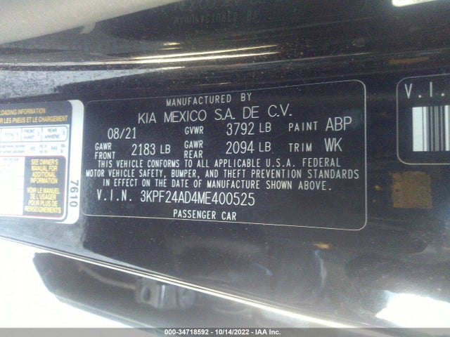 2021 KIA FORTE LXS VIN: 3KPF24AD4ME400525