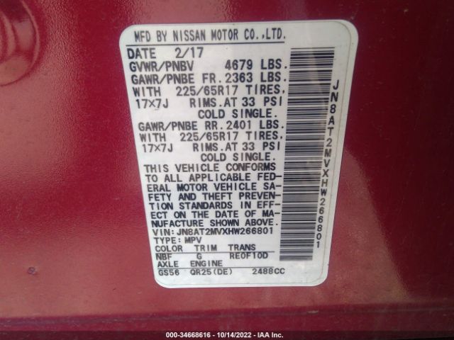 JN8AT2MVXHW266801 Nissan ROGUE S