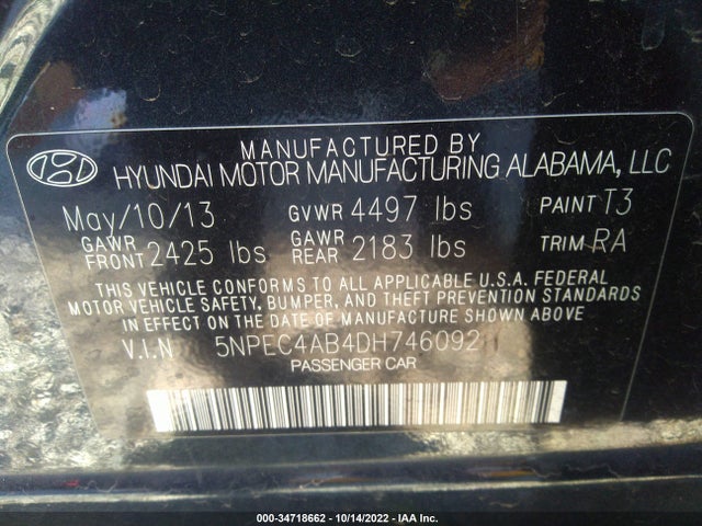 2013 HYUNDAI SONATA SE VIN: 5NPEC4AB4DH746092
