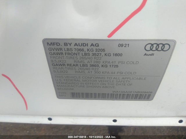 2022 Audi e-tron, VIN: WA13AAGE1NB009409