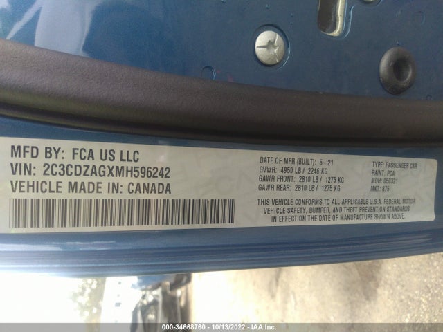 2021 DODGE CHALLENGER SXT VIN: 2C3CDZAGXMH596242