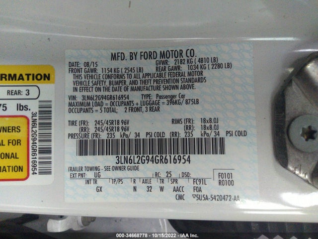 Lincoln MKZ 2016 3LN6L2G94GR616954 Image 9