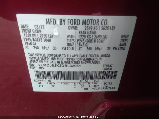 Lincoln MKX 2013 2LMDJ8JK2DBL32961 Image 10