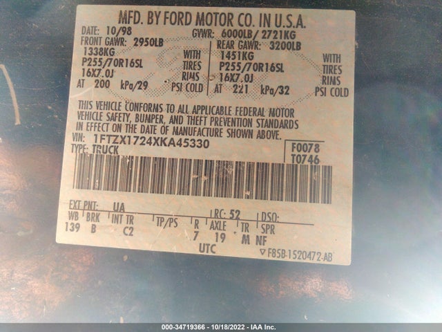 1999 FORD F-150 VIN: 1FTZX1724XKA45330