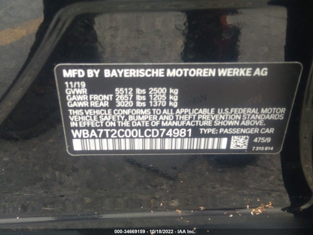 2020 BMW 7 Series, VIN: WBA7T2C00LCD74981