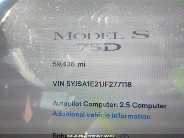 Tesla Model S 75d/100d/p100d 2018 5YJSA1E21JF277118 Image 9