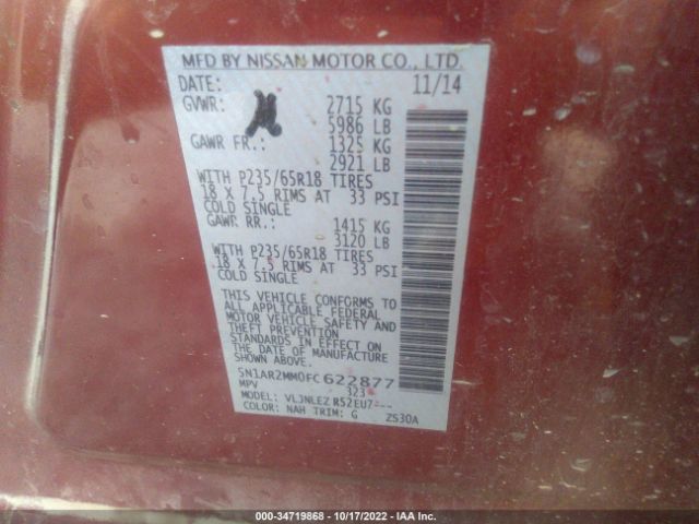 5N1AR2MM0FC622877 Nissan Pathfinder Platinum/sv/sl/s