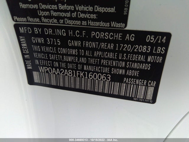 2015 Porsche Cayman, VIN: WP0AA2A81FK160063