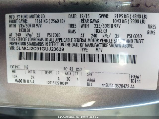 5LMCJ2C91GUJ23639 Lincoln MKC