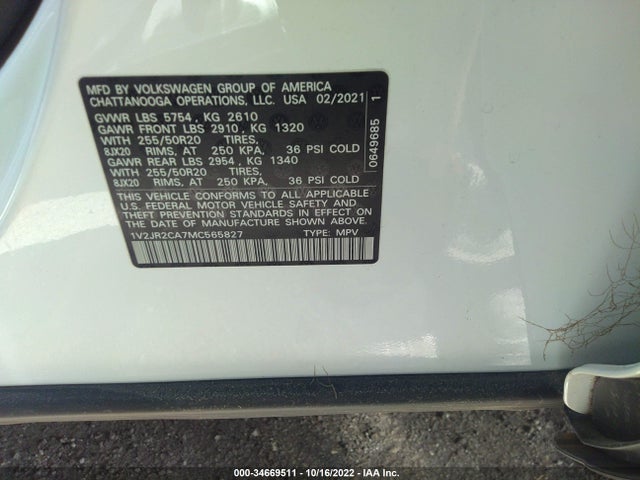 1V2JR2CA7MC565827 Volkswagen Atlas 3.6l V6 Se W/technology