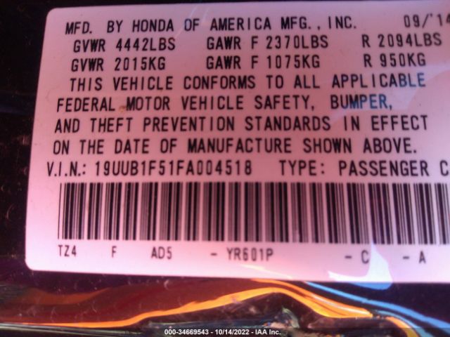 19UUB1F51FA004518 Acura TLX TECH