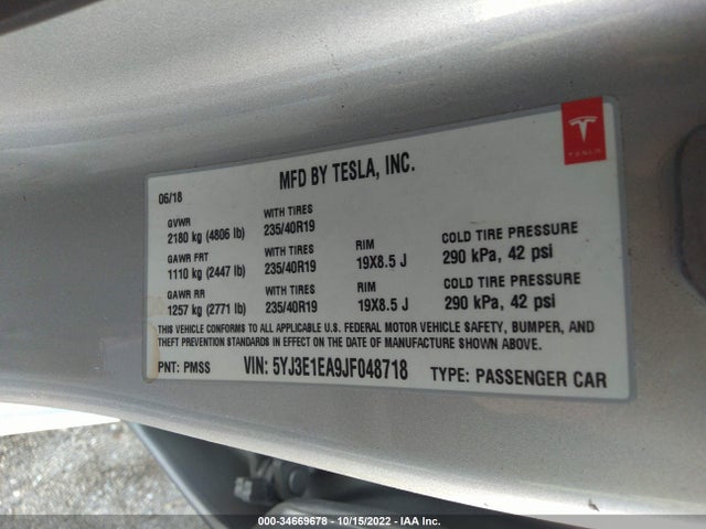 Tesla MODEL 3 2018 5YJ3E1EA9JF048718 Image 9