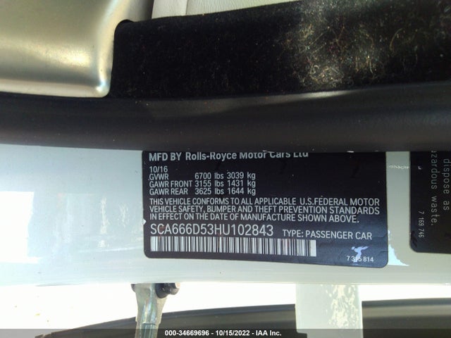 2017 Rolls-Royce Dawn, VIN: SCA666D53HU102843