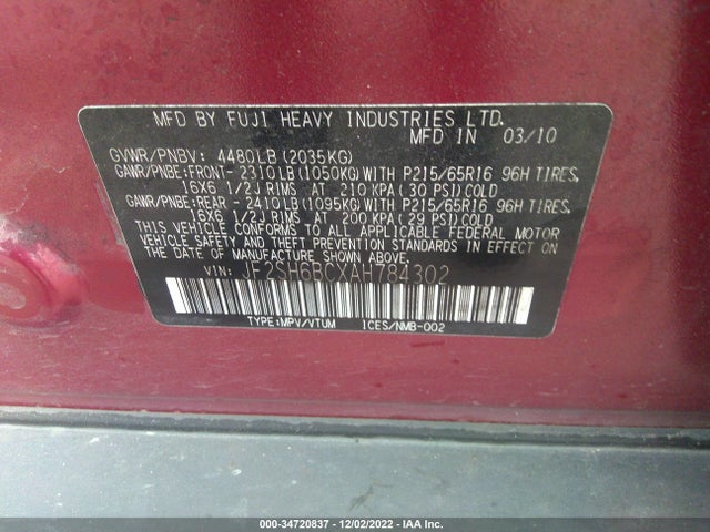 Subaru Forester 2.5x 2010 JF2SH6BCXAH784302 Image 9