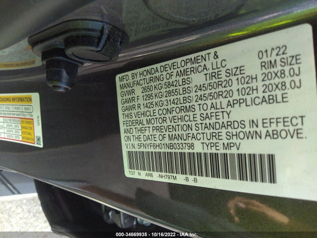 2022 Honda Pilot, VIN: 5FNYF6H01NB033798