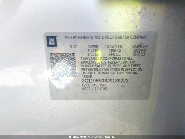 Chevrolet IMPALA LT 2018 2G1105S38J9139723 Image 9