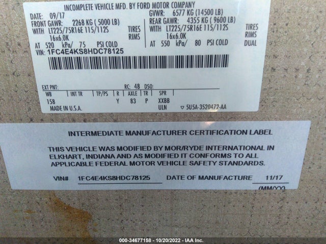 34677158 :رقم المزاد ، 1FC4E4KS8HDC78125 vin ، 2018 Thor E-series Stripped Chassis مزاد بيع
