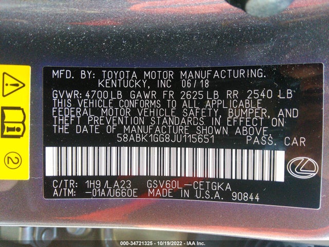 2018 Lexus ES, VIN: 58ABK1GG8JU115651