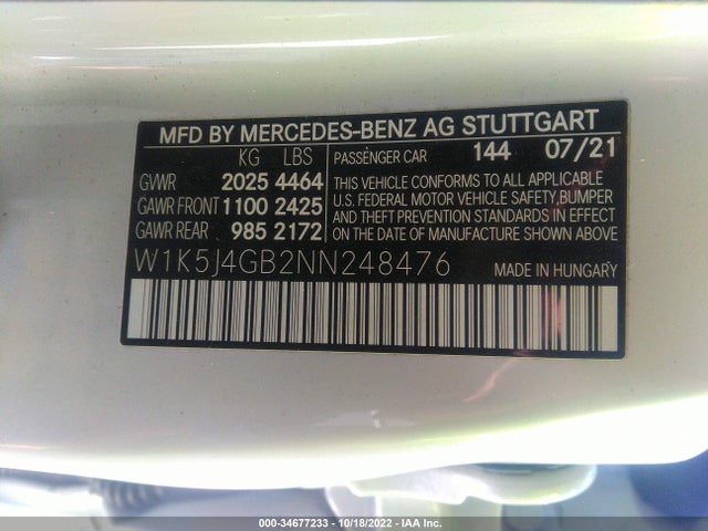 2022 Mercedes-Benz CLA-Class, VIN: W1K5J4GB2NN248476