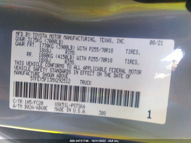 2021 Toyota Tundra, VIN: 5TFEY5F13MX292512