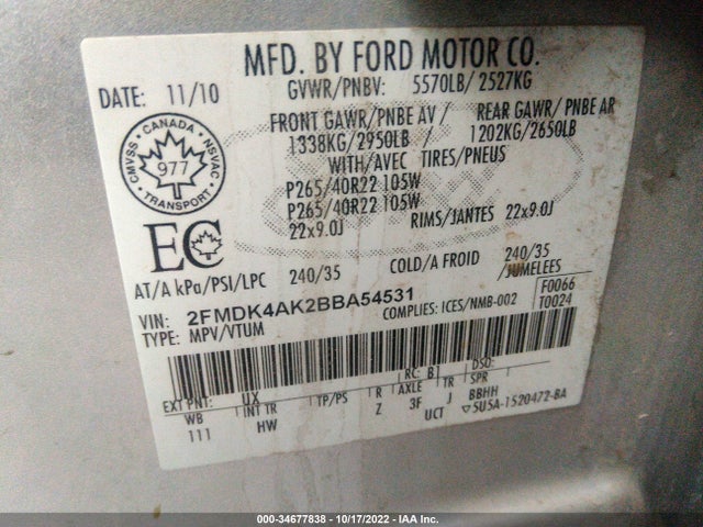 2011 Ford Edge Sport მანქანა იყიდება აუქციონზე, vin: 2FMDK4AK2BBA54531, აუქციონის ნომერი: 34677838