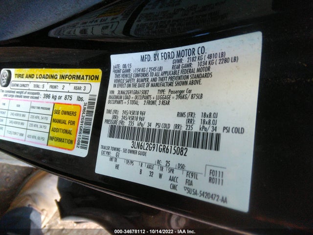 2016 Lincoln MKZ, VIN: 3LN6L2G91GR615082