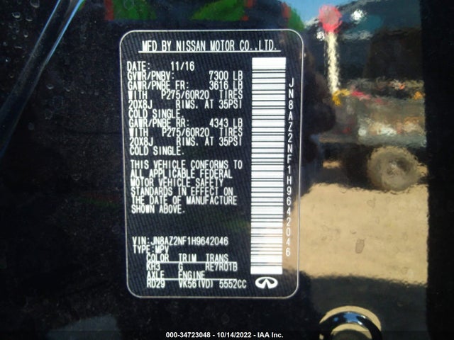 34723048 :رقم المزاد ، JN8AZ2NF1H9642046 vin ، 2017 Infiniti Qx80 مزاد بيع