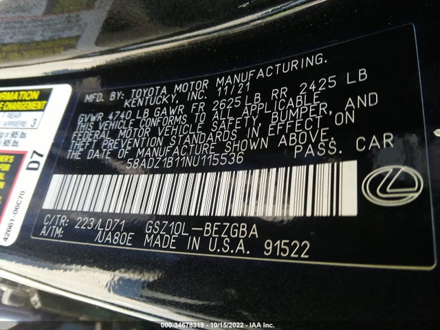 2022 Lexus ES, VIN: 58ADZ1B11NU115536