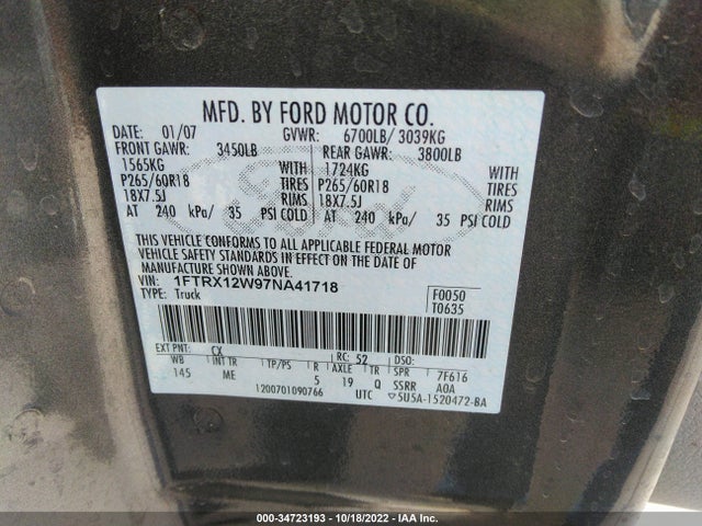 2007 FORD F-150 STX/XLT/XL/FX2 VIN: 1FTRX12W97NA41718