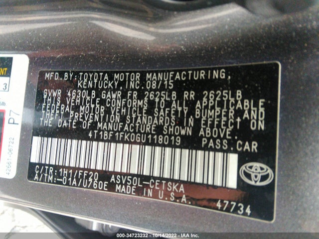 2016 TOYOTA CAMRY XLE/SE/LE/XSE VIN: 4T1BF1FK0GU118019