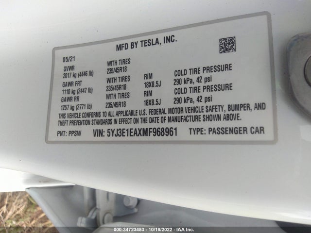 Tesla Model 3 Standard Range Plus 2021 5YJ3E1EAXMF968961 Image 9