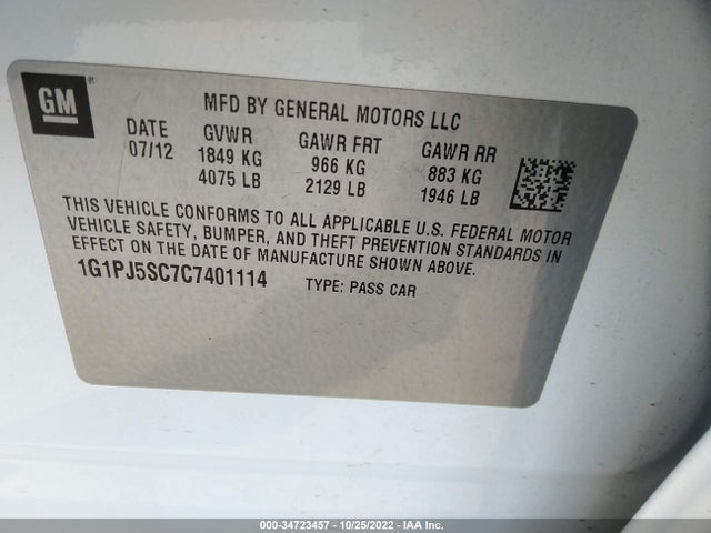 2012 CHEVROLET CRUZE ECO VIN: 1G1PJ5SC7C7401114
