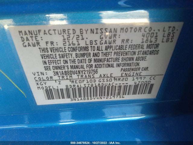 2022 Nissan Sentra, VIN: 3N1AB8DV4NY219756