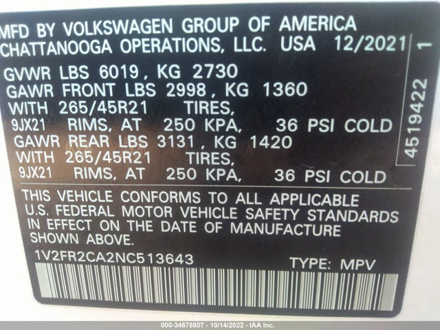 1V2FR2CA2NC513643 Volkswagen Atlas 3.6l V6 Sel Premium