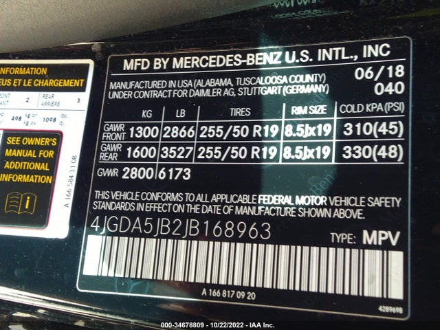 2018 Mercedes-Benz GLE-Class, VIN: 4JGDA5JB2JB168963