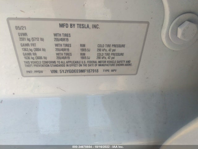 Tesla Model Y 2021 5YJYGDEE9MF187918 Image 10
