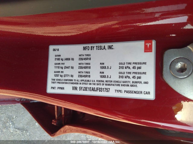 Tesla MODEL 3 2018 5YJ3E1EA0JF031757 Image 9