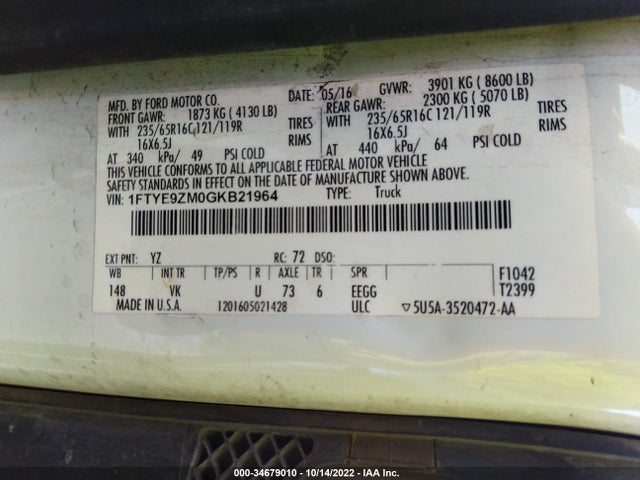 2016 Ford Transit, VIN: 1FTYE9ZM0GKB21964