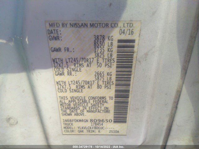 2016 Nissan NV, VIN: 1N6BF0KM4GN809650